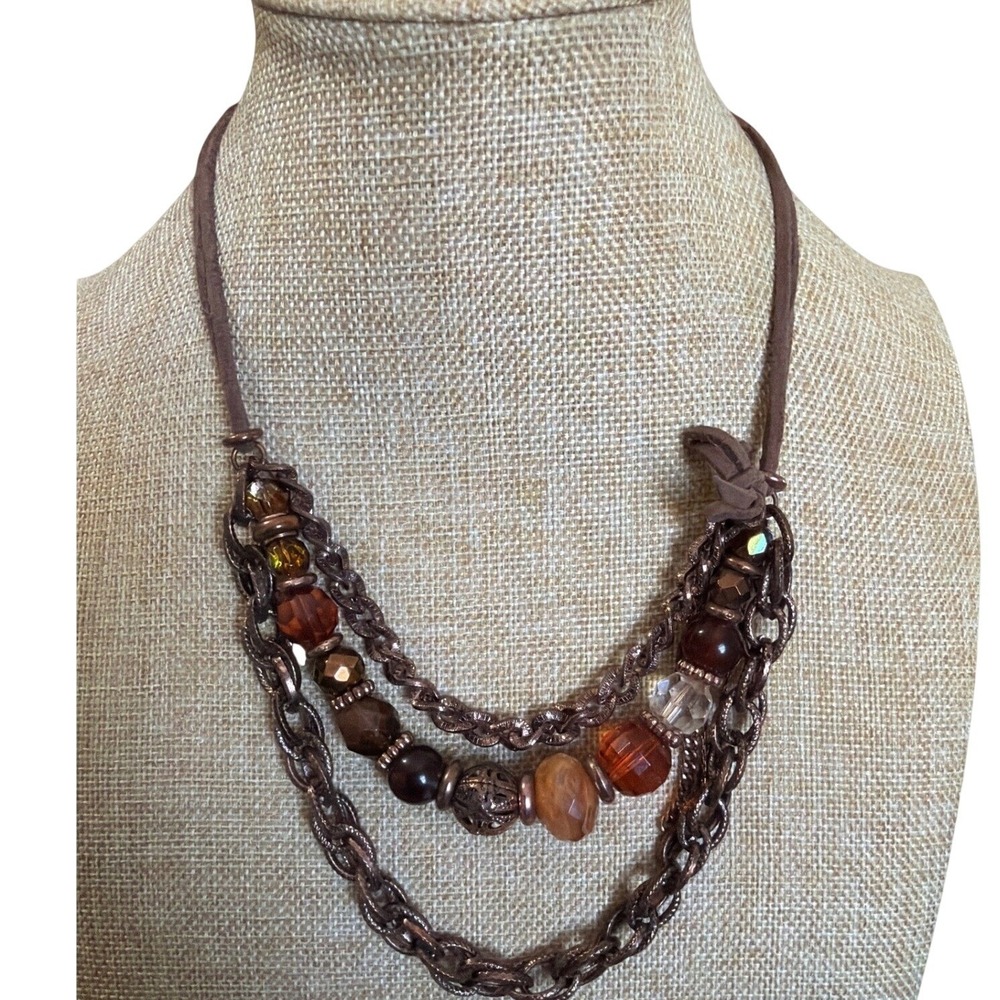 Jewelry Copper Tone Multi Strand Beaded Suede Cord‎ Layered Necklace  Boho